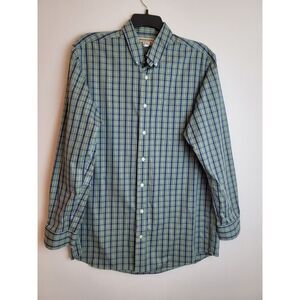 Duluth Trading Mens‎ L Tall Shirt Wrinkle Fighter Green/Blue Plaid Long Sleeve